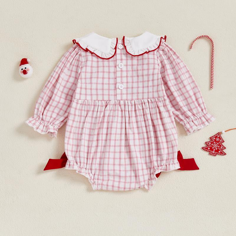 REDWOON Newborn Infant Baby Girl Christmas Outfit Santa Embroidery Long Sleeve Smocked Bubble Romper Ruffle Bodysuit 0-18 Months