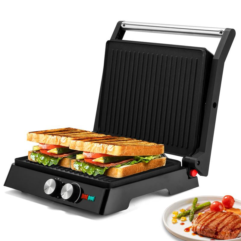 SUSTEAS 3-In-1 Electric Indoor Grill - Panini Press with Non-Stick Cooking Plates, Opens 180-Degree Gourmet Sandwich Maker, Floating Hinge Fits All Foods, Panini Press Grill with Grease Tray