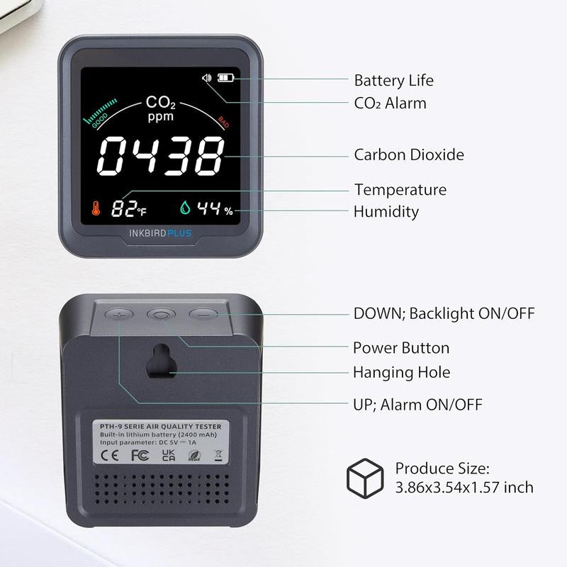 INKBIRDPLUS Indoor Air Quality Monitor, Detects CO2, PM2.5, PM10, AQI, Temperature and Humidity with Alarm, for Rooms, Cellars, Grow Tents, Etc