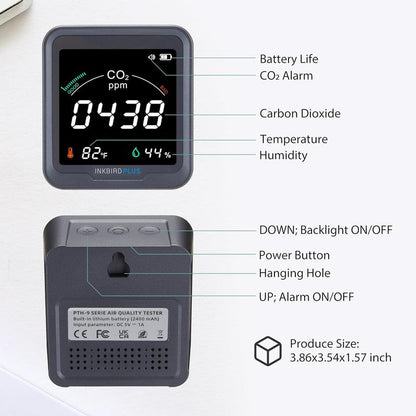 INKBIRDPLUS Indoor Air Quality Monitor, Detects CO2, PM2.5, PM10, AQI, Temperature and Humidity with Alarm, for Rooms, Cellars, Grow Tents, Etc