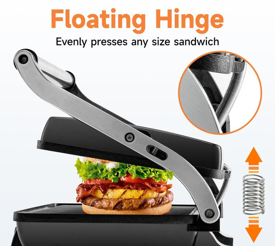 SUSTEAS 3-In-1 Electric Indoor Grill - Panini Press with Non-Stick Cooking Plates, Opens 180-Degree Gourmet Sandwich Maker, Floating Hinge Fits All Foods, Panini Press Grill with Grease Tray